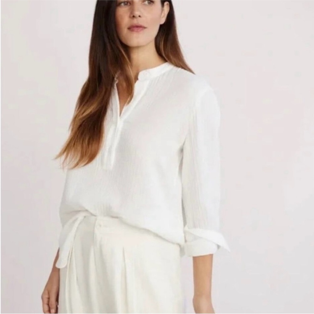 Jenni Kayne Cypress Collarless Cotton Gauze Henley Shirt in White SZ XS EUC
